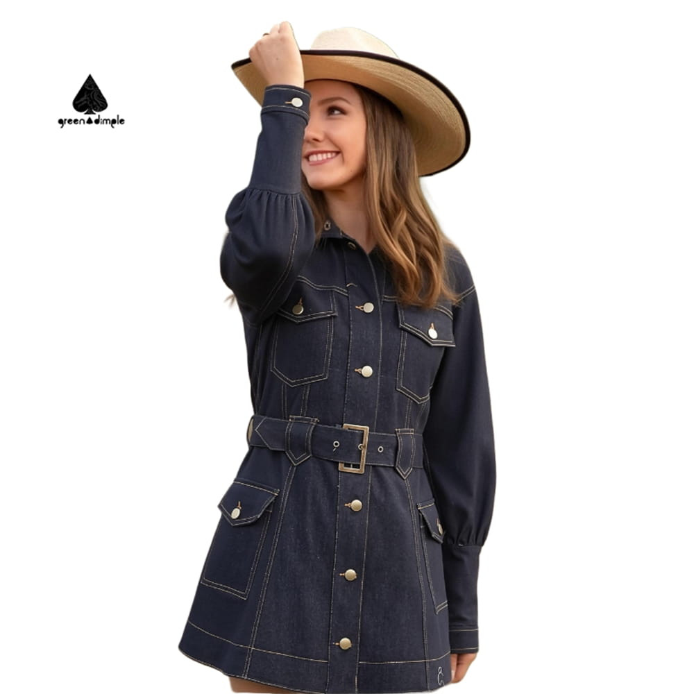 denim shirt mini dress front view belted waist button down