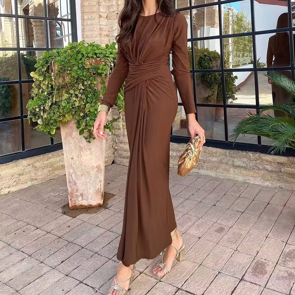 Elegant maxi dress long sleeve front view formal event styling