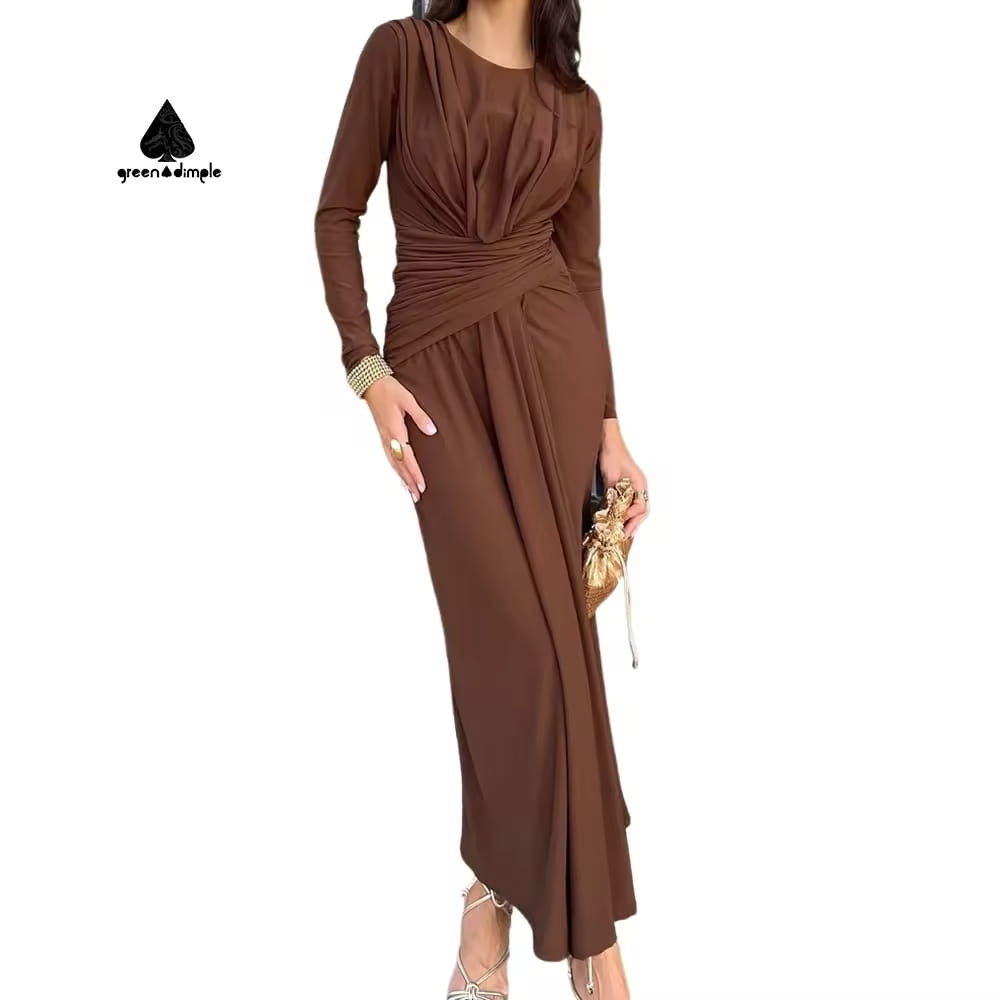 Elegant maxi dress front view ruched waist long sleeve formal dress