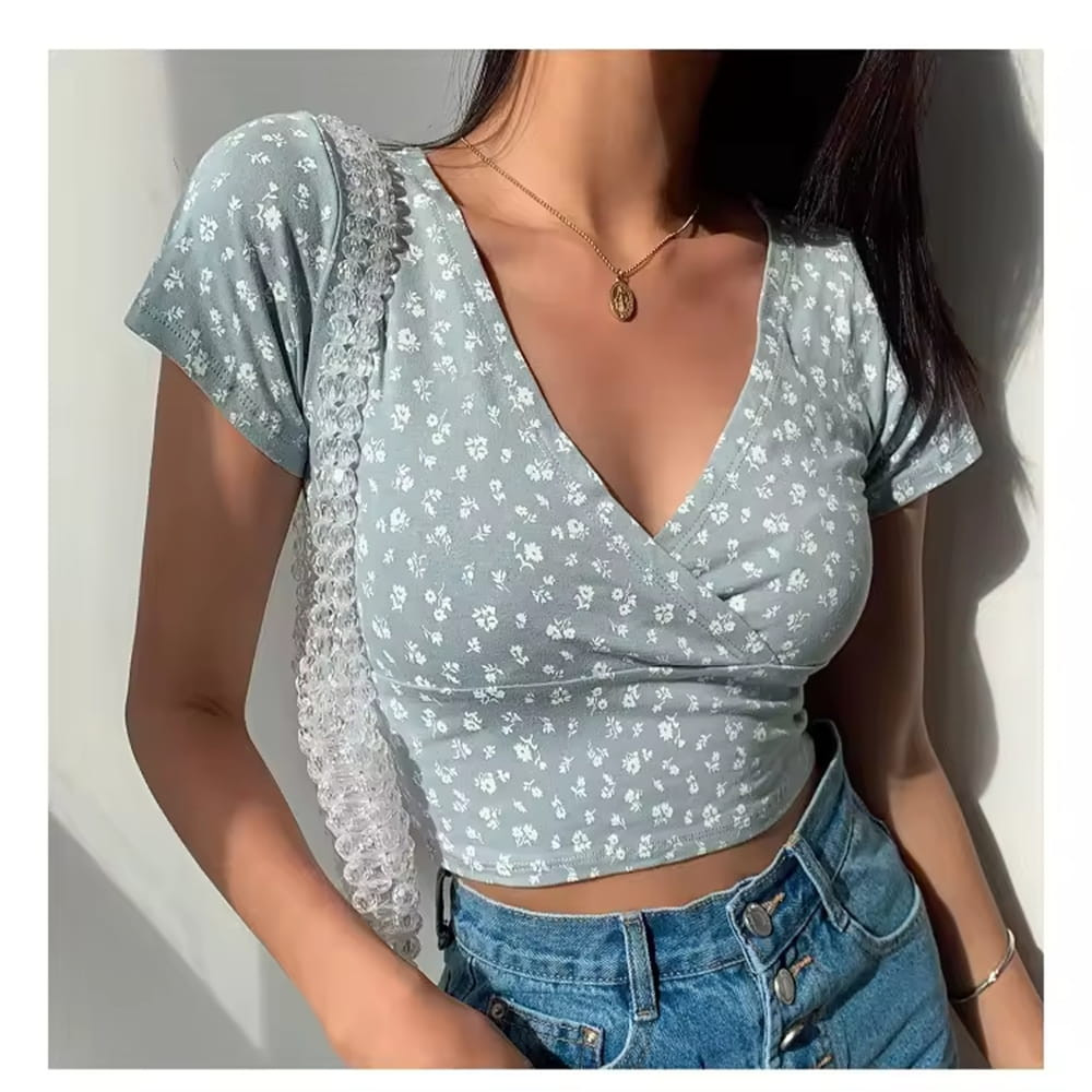 Floral crop top women green V neck slim fit summer top