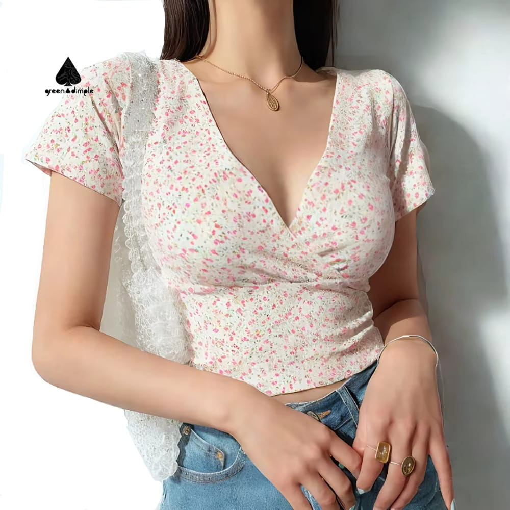 Floral crop top women white V neck slim fit short sleeve