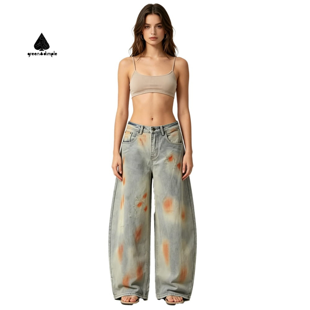 women wide leg jeans front view stone washed baggy streetwear denim