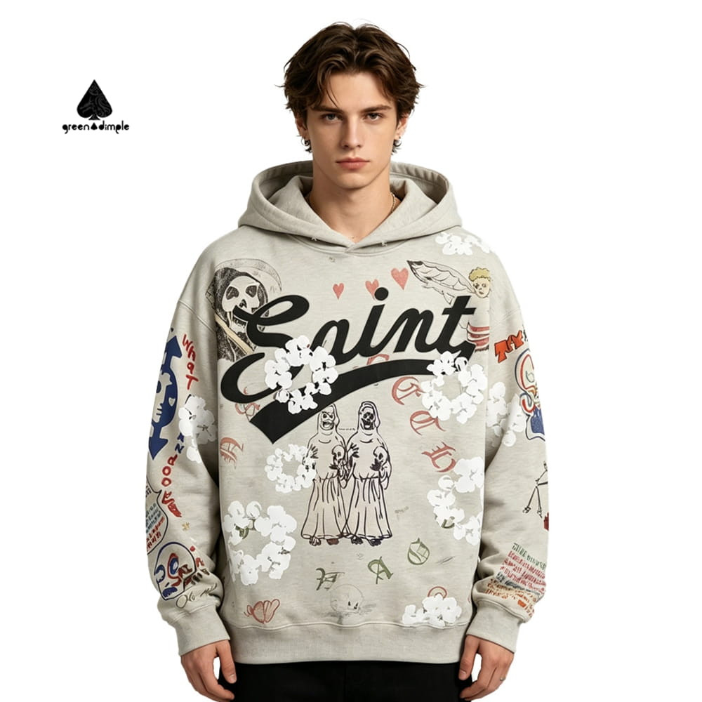 Y2K skull graffiti print oversized hoodie front view streetwear design