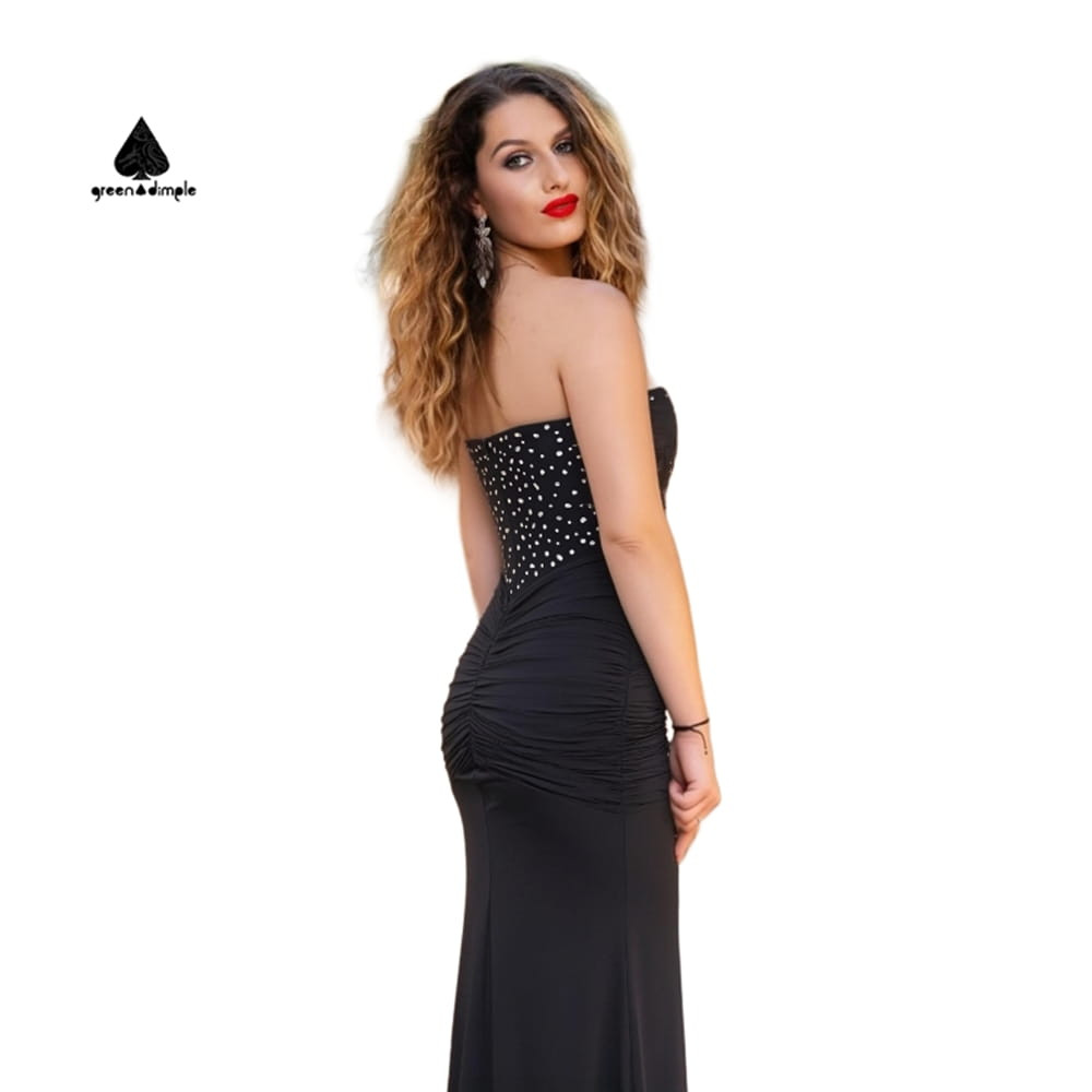 strapless black evening dress back view ruched waist