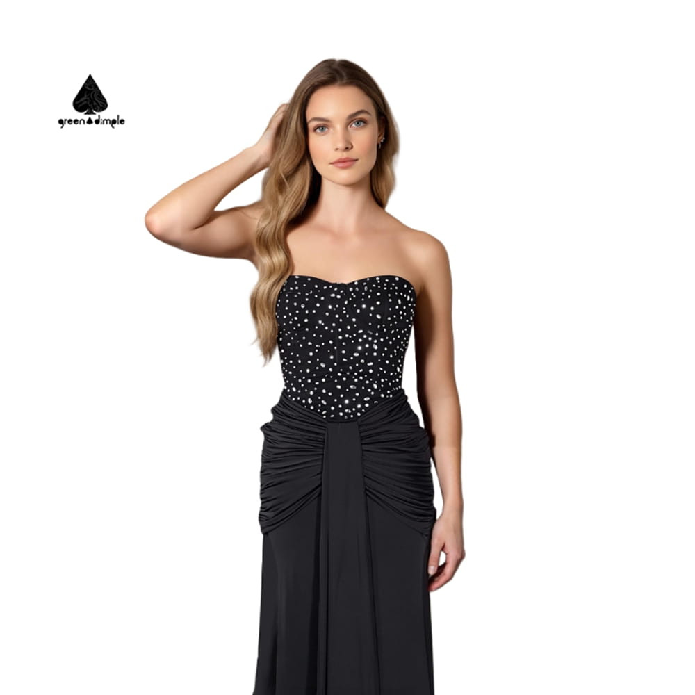 strapless black evening dress front view rhinestone bodice