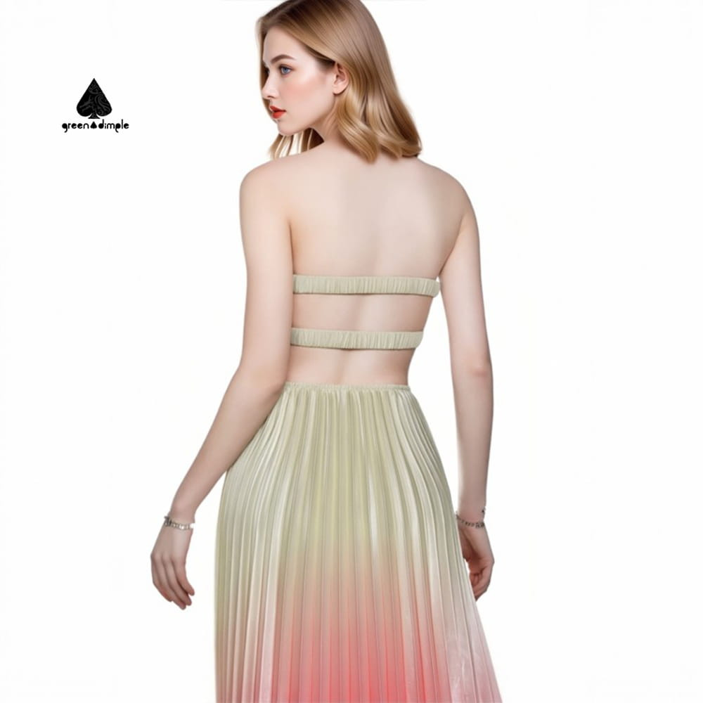 back view of elegant strapless pleated maxi dress