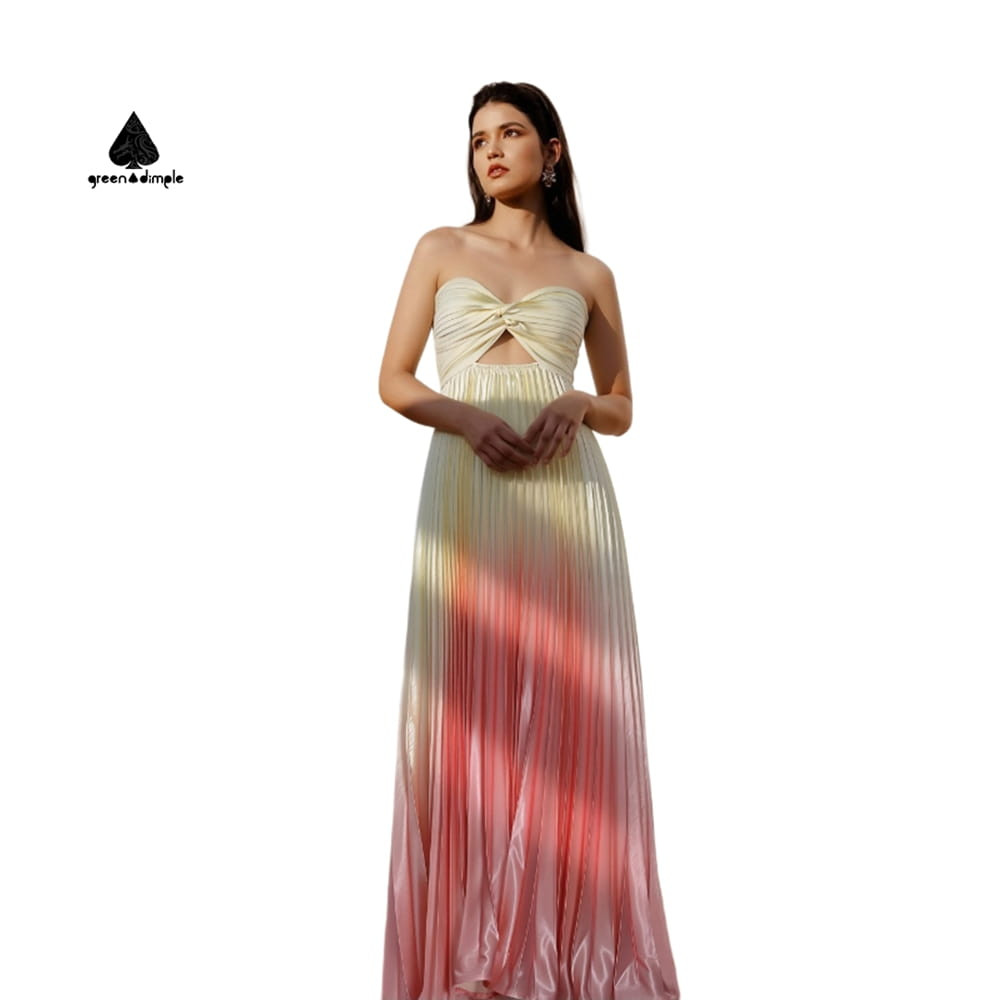 front view of strapless pleated dress with gradient maxi design