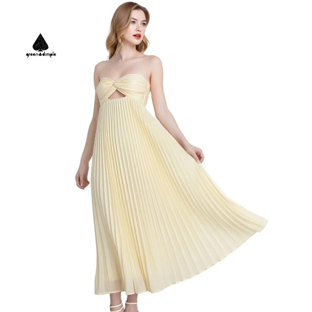strapless pleated maxi dress front view twist front elegant design