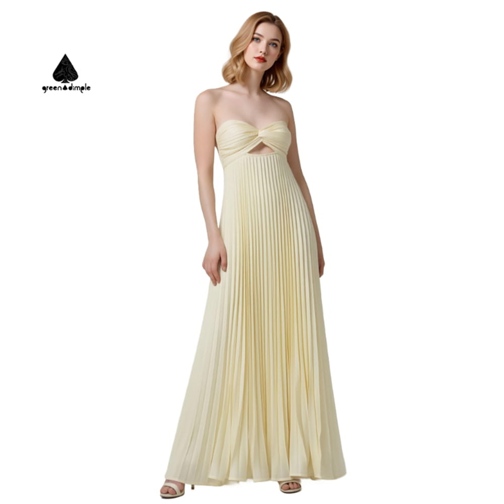 strapless pleated maxi dress side view flowy silhouette