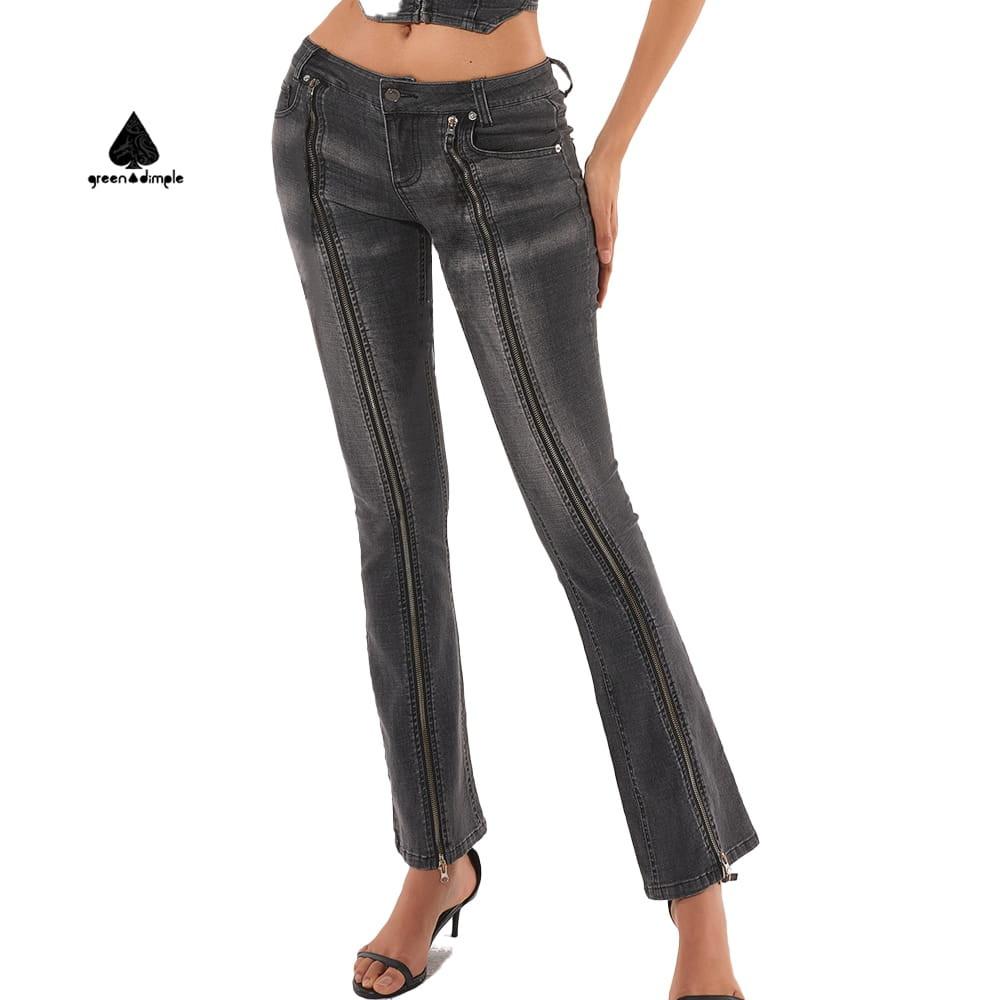 front view of women flare jeans high waist double zipper