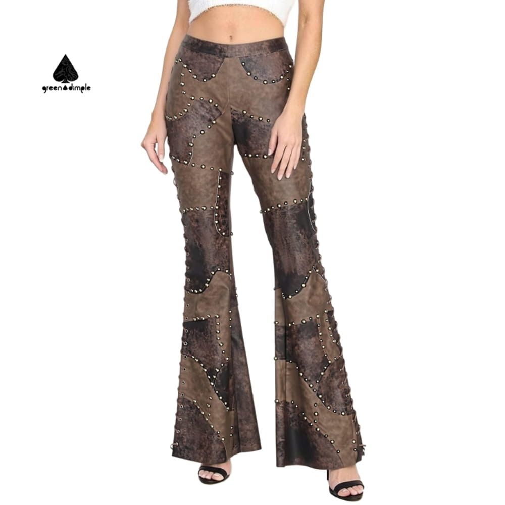 women patchwork flare pants front view high waist studded vintage style