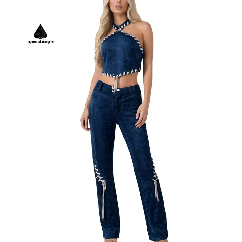 Women workout set Y2K front view suede bra vest and pants